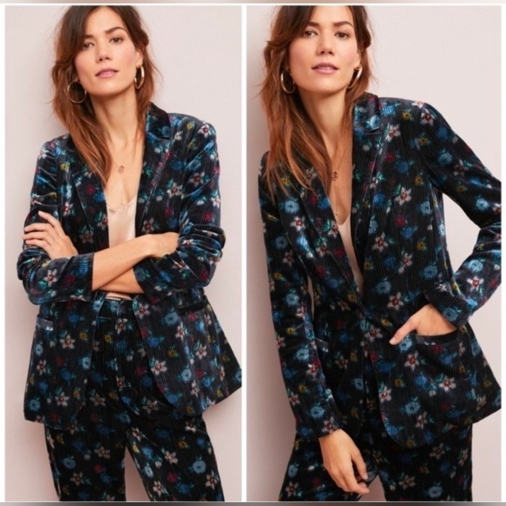 Anthropologie Ett:Twa Blooming Floral Velvet Blazer Jacket Size 0
